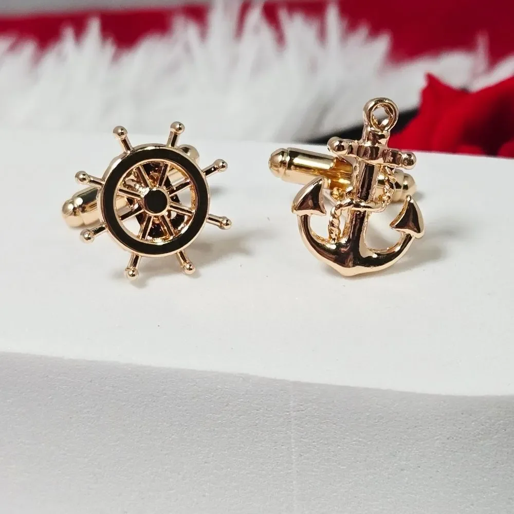 Nautical Anchor & Ship Wheel Cufflinks Gold Asymmetrical Maritime Sailor Gift
